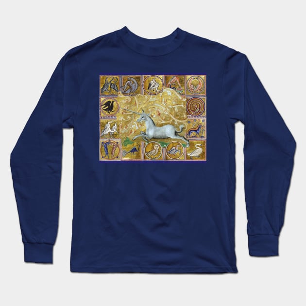 UNICORN AND MEDIEVAL BESTIARY, FANTASTIC ANIMALS IN GOLD RED BLUE COLORS Long Sleeve T-Shirt by BulganLumini